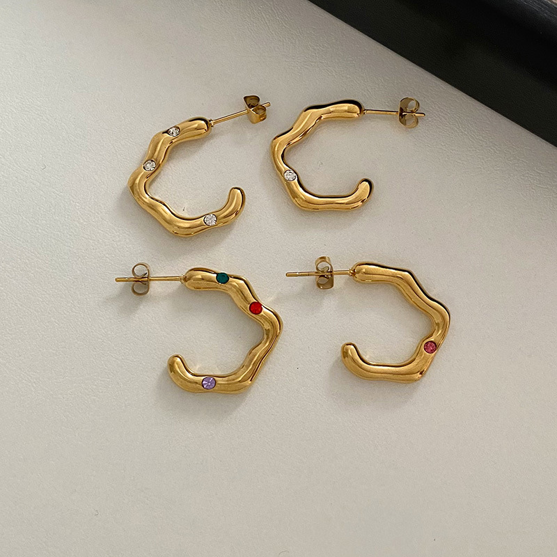 波紋C形金色耳釘 小眾設計耳環耳扣歐美冷淡風浪花耳飾不鏽鋼