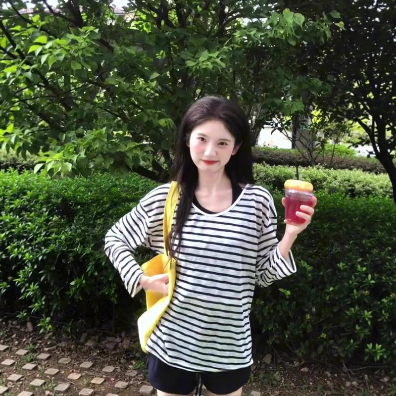 韩系V领条纹防晒罩衫长袖t恤女秋季穿搭轻薄款宽松百搭慵懒风上衣|undefined