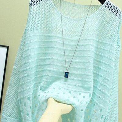150kg Plus Size Dopamine Sun Protection Top for Plus Size Women, New Autumn and Summer Knitted Sweater with Hollow Out Design and Three-Quarter Sleeves