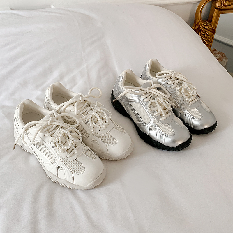 Su Yinyin, el mismo fondo de la luna creciente ~ Cinturón de perlas de encaje realza zapatos de Forrest Gump casuales zapatos de entrenamiento alemán para mujer
