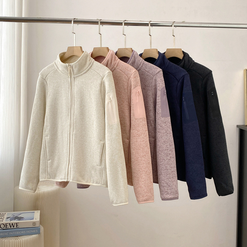Women's stand-collar fleece-lined jacket, imitation knit thick sweater, thickened fleece, heat-retaining, windproof, warm, cardigan style, trendy Women's stand-collar fleece-lined jacket, imitation knit thick sweater, thickened fleece, heat-retaining, windproof, warm, cardigan style, trendy