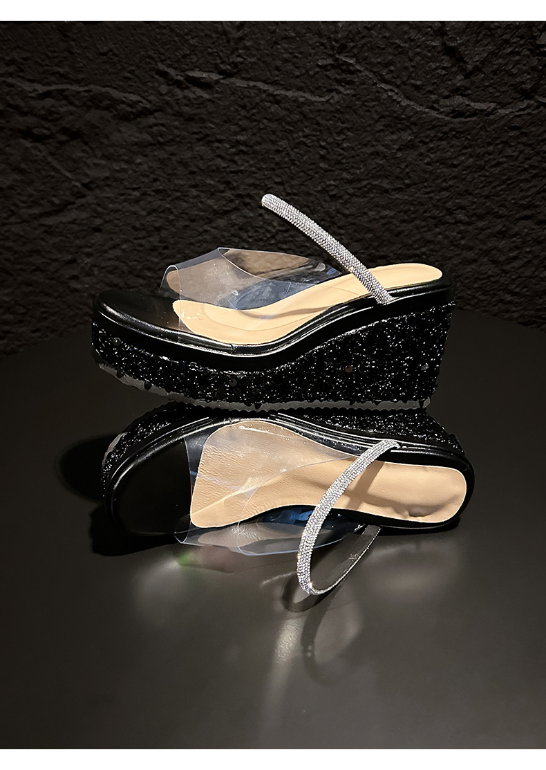 Sandal cao gót nữ hở mũi đế xuồng gót 10 cm phối sequin lấp lánh — màu đen, bạc chi tiết 17