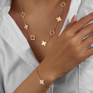 Cross-Border Hot-Selling Ins Style Simple Hollow Four-Leaf Clover Necklace Bracelet Elegant Jewelry Wholesale