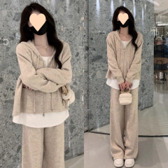 2025年春秋季套装女新款休闲时尚假两件开衫卫衣宽松阔腿裤两件套