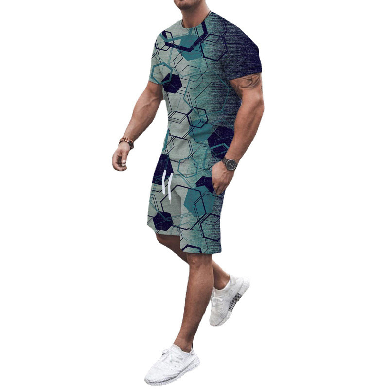 Pantalones cortos de primavera y verano de comercio exterior de manga corta con estampado 3D azul casual delgado traje de hombre deportivo de verano