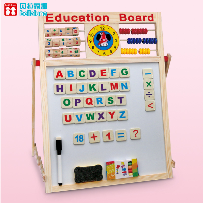 Tablero de dibujo multifuncional magnético de educación temprana para niños de madera Pizarra de escritura vertical de doble cara para niños con soporte de ábaco de despertador