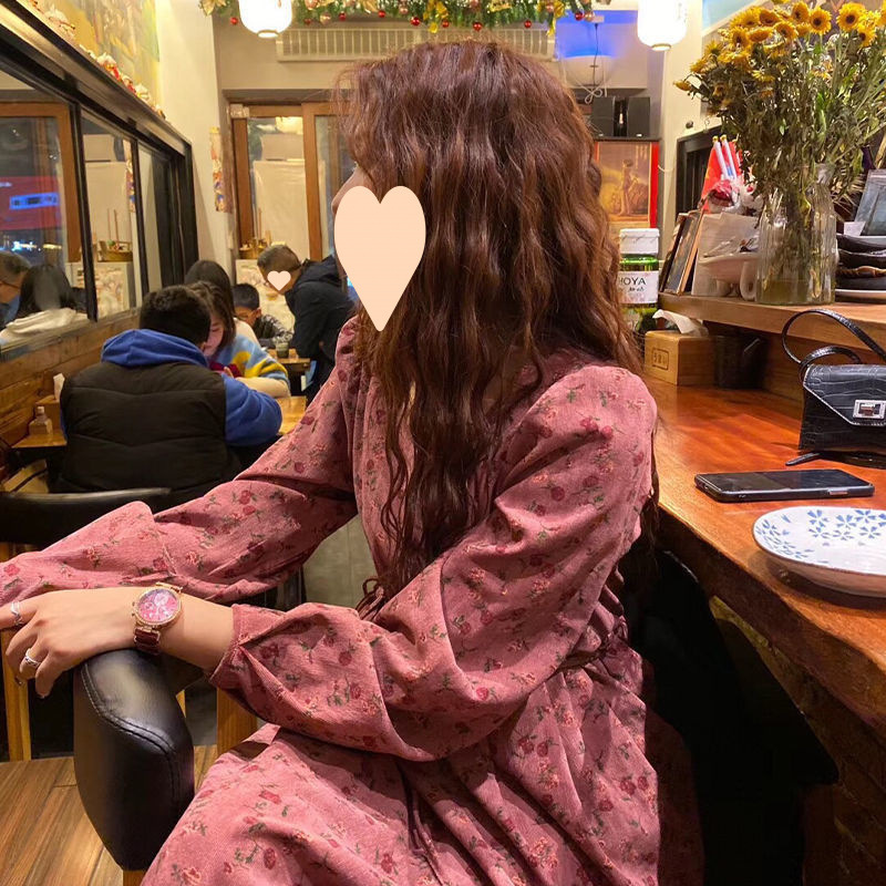 2025 新コーデュロイ花柄甘い股カバーロングスカート秋の女性のスリムハイウエスト妖精ローズドレス|undefined