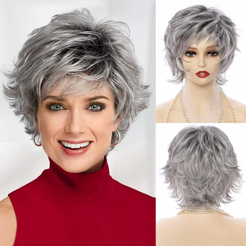 Middle-aged Mom Wig Granny Silver White Mixed Color Fashion Curly Hair Headgear Fluffy Realistic Curly Hair Rose Net