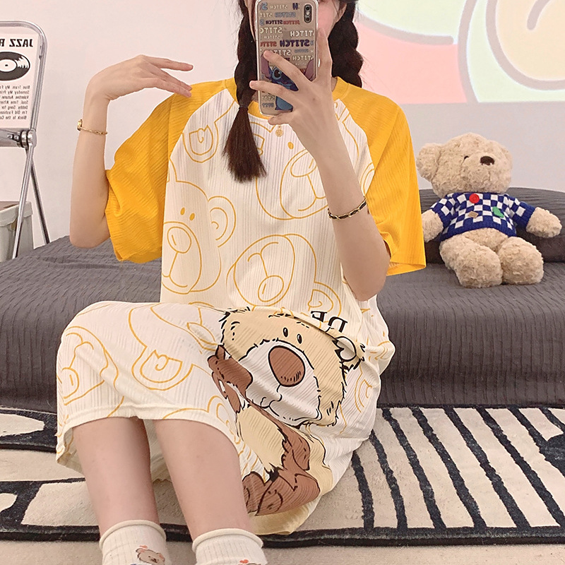 2023 camisón de verano cuello redondo de las mujeres de dibujos animados estudiante Delgado pijamas de manga corta