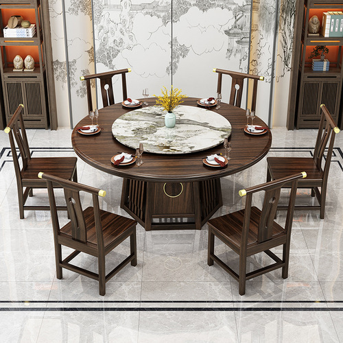 New Chinese style ebony wood dining table and chair combination modern simple solid wood round table light luxury hotel slate home restaurant table