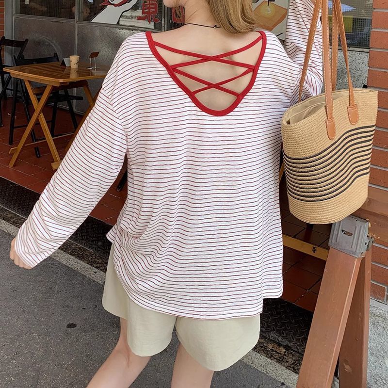 Foreign Trade Style Backless Striped Thin Sun-Protective Cover-Up Plus-Size Long-Sleeve T-Shirt for Women, Summer Hollow-Out Lazy Top