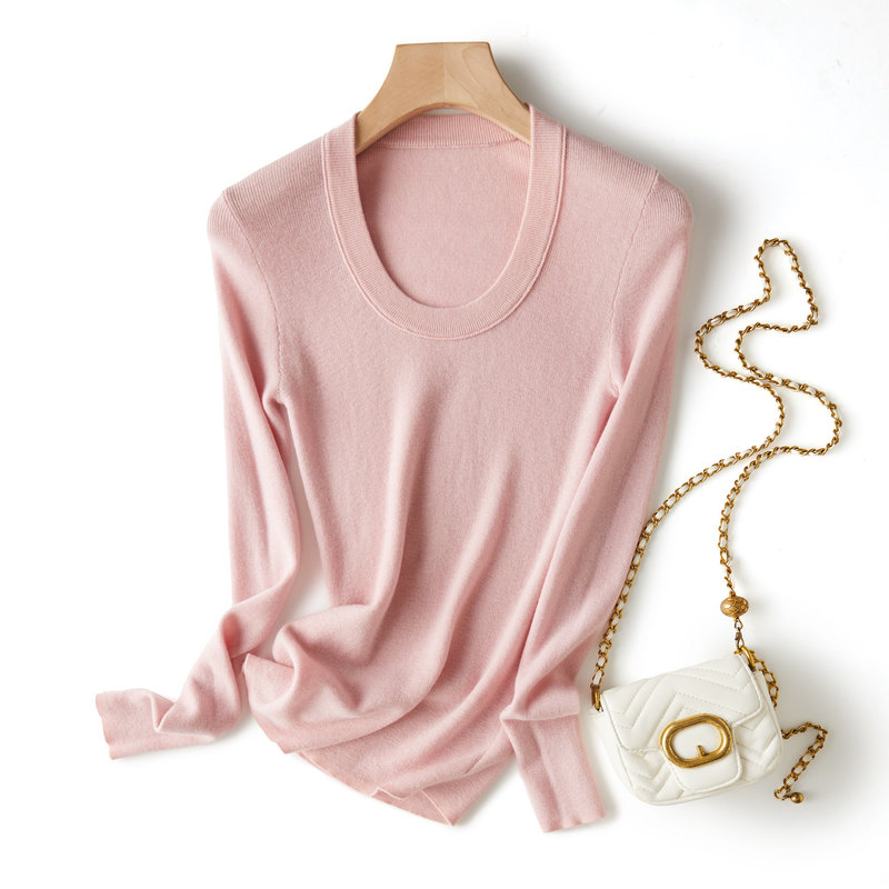 Shanghai Dan Nong Flagship Store/Elastic Slim Fit Super Beautiful U-Neck Soft and Comfortable Wool Long Sleeve Solid Color Basic Style