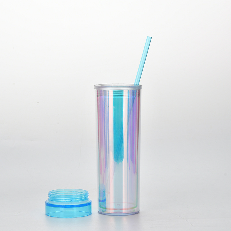 New Products In Stock Skinny Straight Body Double Plastic Straw Cup 450ml Adjustable Water Cup Magic Color Laser Drink Cup display picture 4