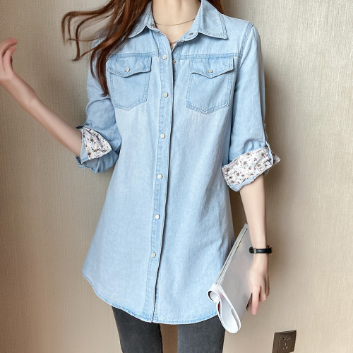 Women's Long-Sleeve Mid-Long denim shirt, Spring/Summer 2025 Korean Style Loose and Thin Top Jacket, Outerwear and Matching Shirt