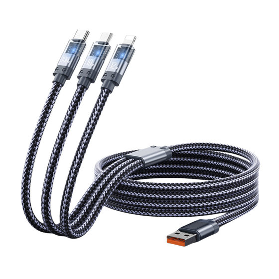 100W Super Fast Charging Three-in-One Data Cable One-to-Three Charging Line with Light for Apple Huawei Android Car