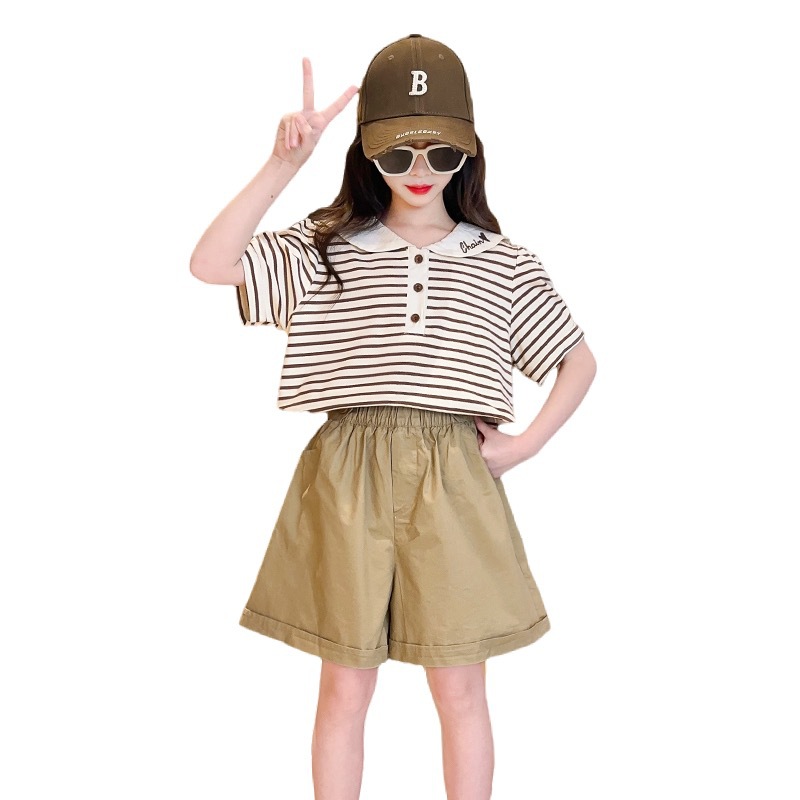 Koreanische Version 2024 Neue Kinderpuppe Hals Kurzarm Modische Mädchen Sommer Streifen Zweiteiler_voghion.com