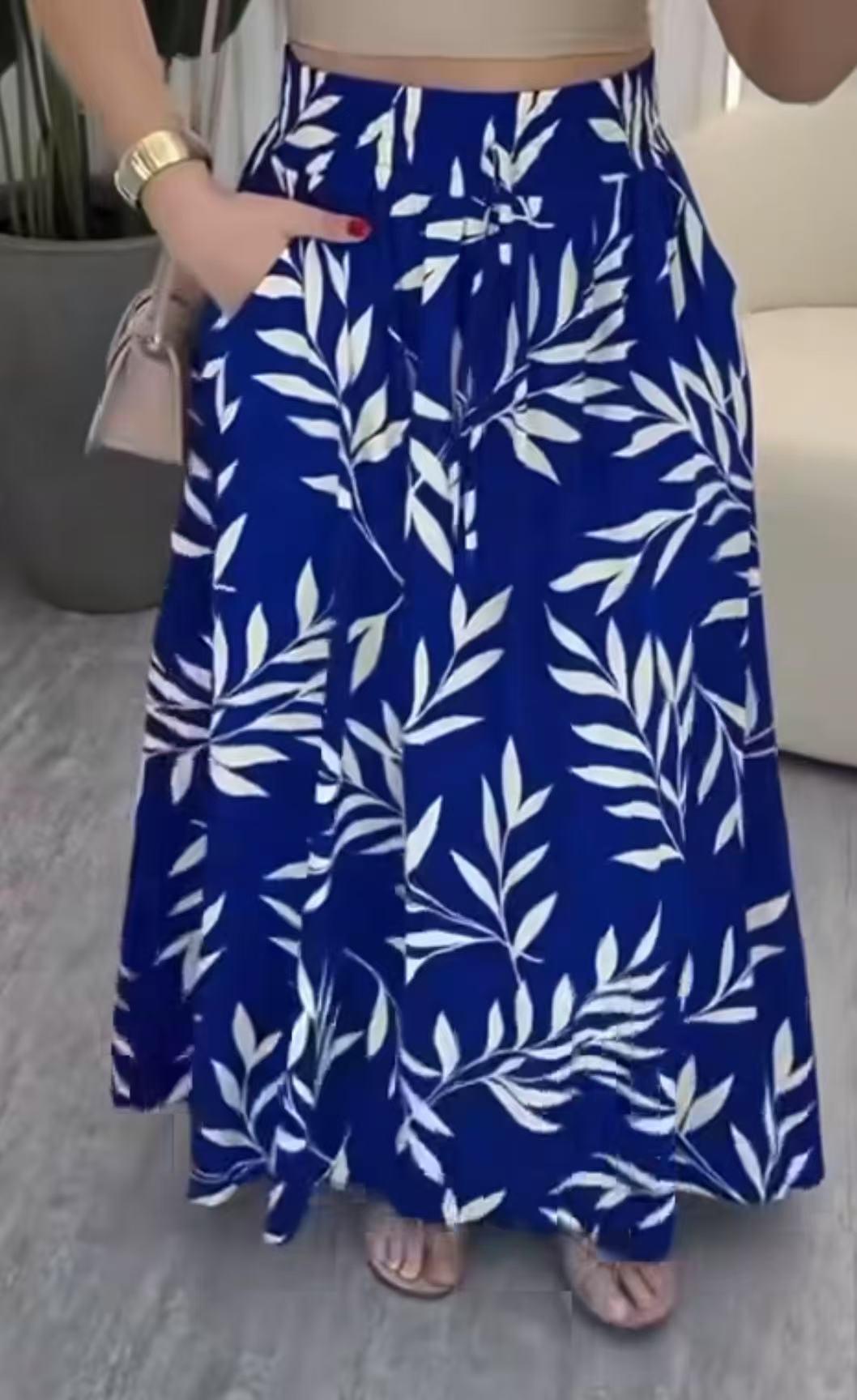 Women's Casual Wide Sleeve Printed Slit Pocket Midi Skirt Bestselling_ecoleips.com