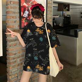 国潮圆领宽松T恤2023新款夏休闲学生大码女印花百搭显瘦上衣韩版