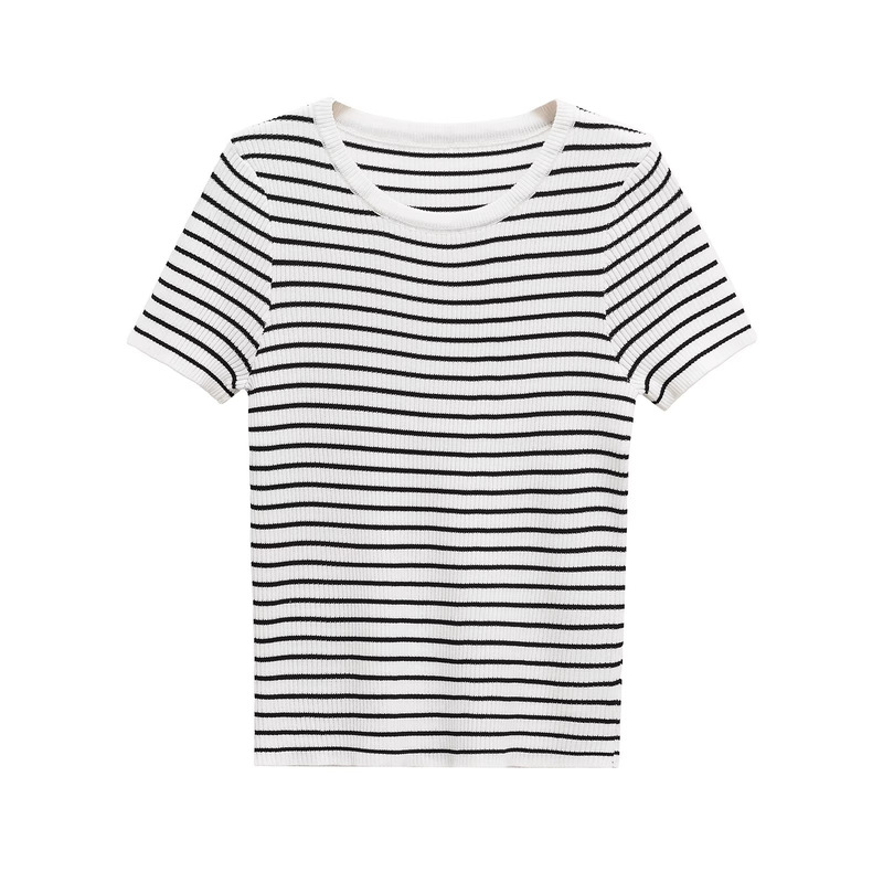 Z Brand Foreign Trade Cross-Border Ready Stock European and American Style Women's Clothing 2026 Spring New Short-Sleeve Striped Knit Top