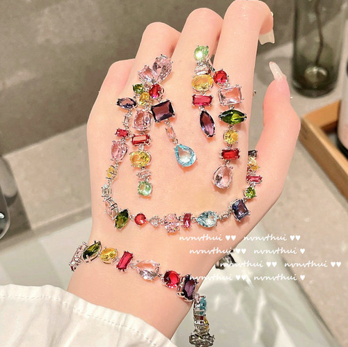 Lolita Garden Rainbow Gem Necklace, Rouge Magenta, 18K gold-plated candy colored gemstone, special-shaped zircon bracelet