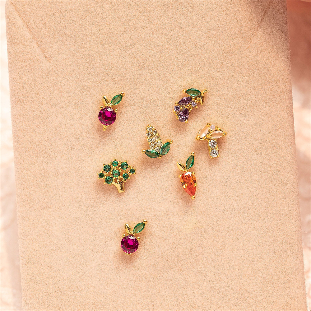 Fruit Vegetable Stud 18K Real Gold Color Zirconium Copper Earrings