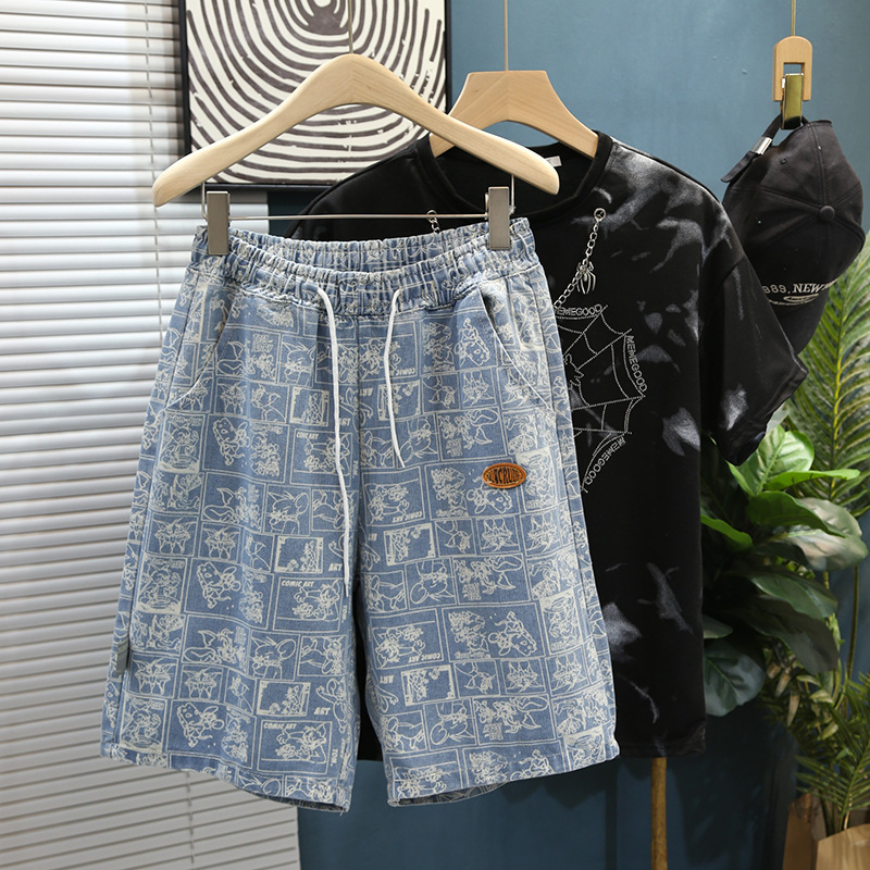 Summer Street Fun Cartoon All-over Printed Denim Shorts Men's Trendy Brand Japanese Style Student Casual Loose Workwear Five-quarter Pants