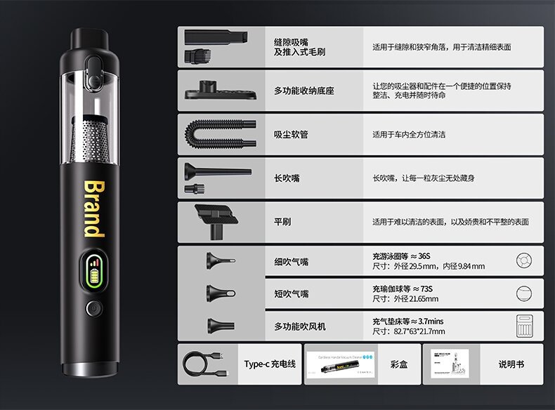 Car-mounted brushless cordless vacuum cleaner, handheld mini blower and vacuum in one, digital display, super strong suction, suitable for home and outdoor use