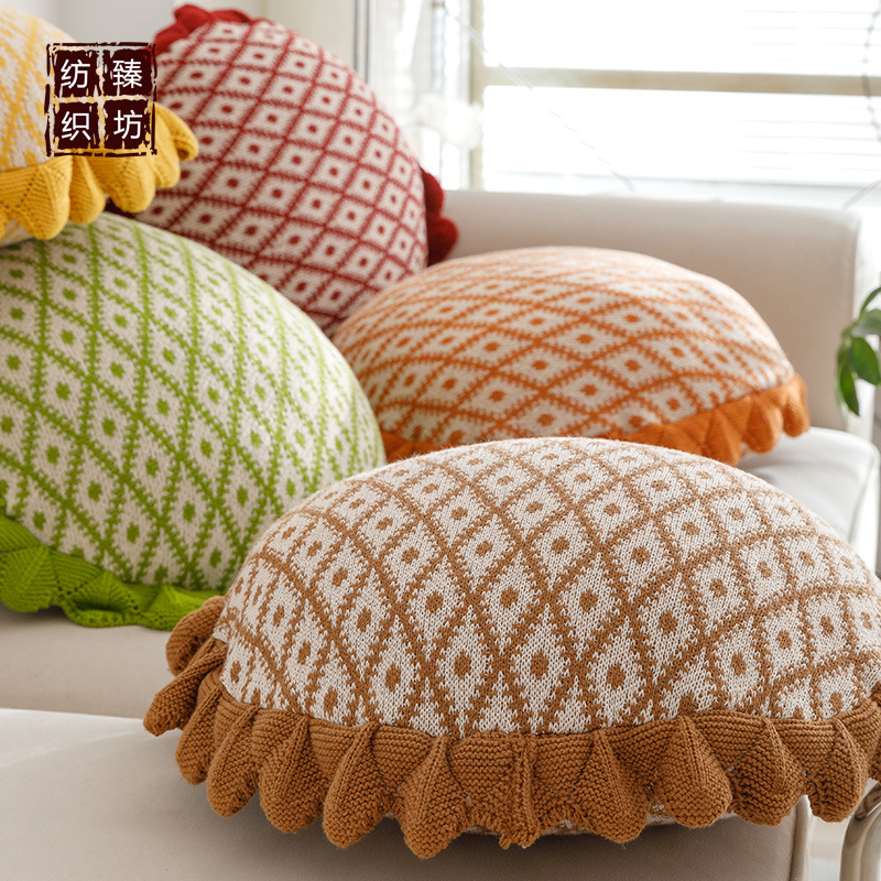 ins风全棉花边圆形针织抱枕靠垫枕头 家居软装配饰 拍照道具