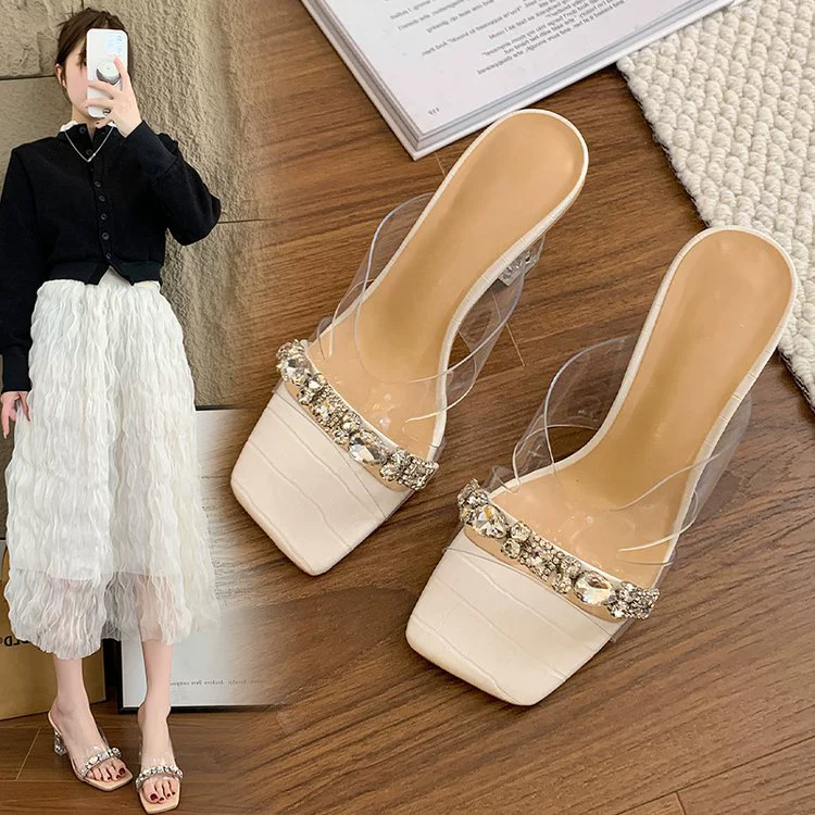 Квадратная голова со стразами на высоких каблуках женские летние 2025 новые толстые каблуки прозрачные хрустальные каблуки