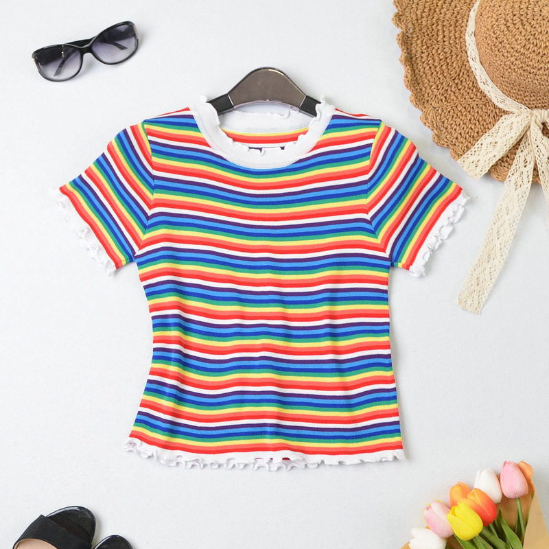 Short-sleeved knitted striped blouse nihaostyle clothing wholesale NSYIC68024