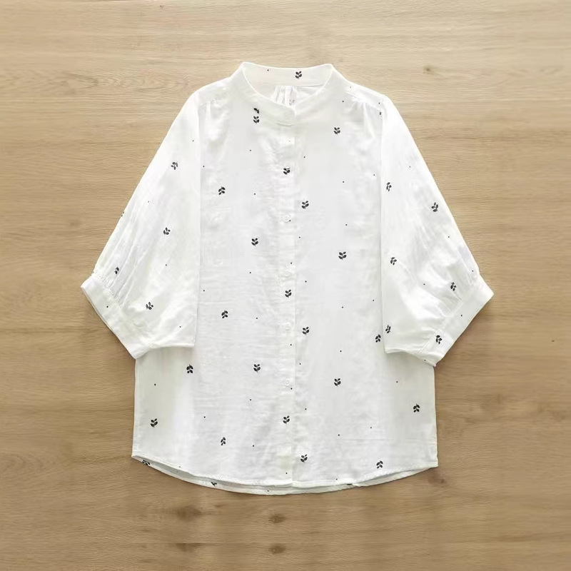 Double-Layer Cotton Gauze Three-Quarter Sleeve Shirt for Women, Summer Export Japanese Style, High-Quality Pure Cotton, Small Stand Collar, Batwing Sleeve Top