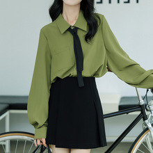 春夏季灯笼长袖上衣设计感小众高级垂感牛油果绿色领带雪纺衬衫女