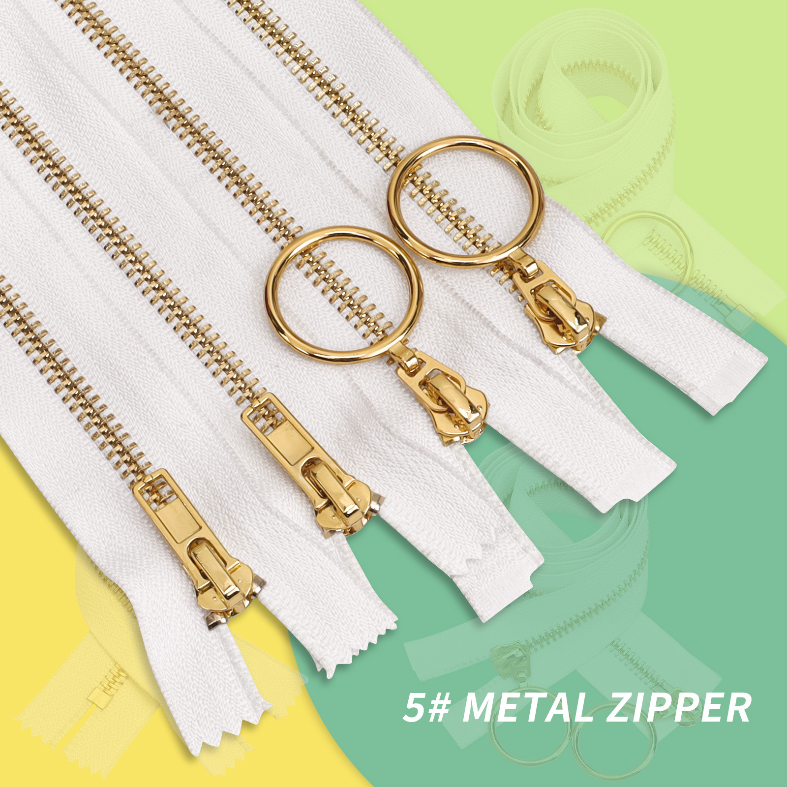 5号浅金黄金闭尾开尾上下拉双开自动头服饰包包通用铜牙白色布边