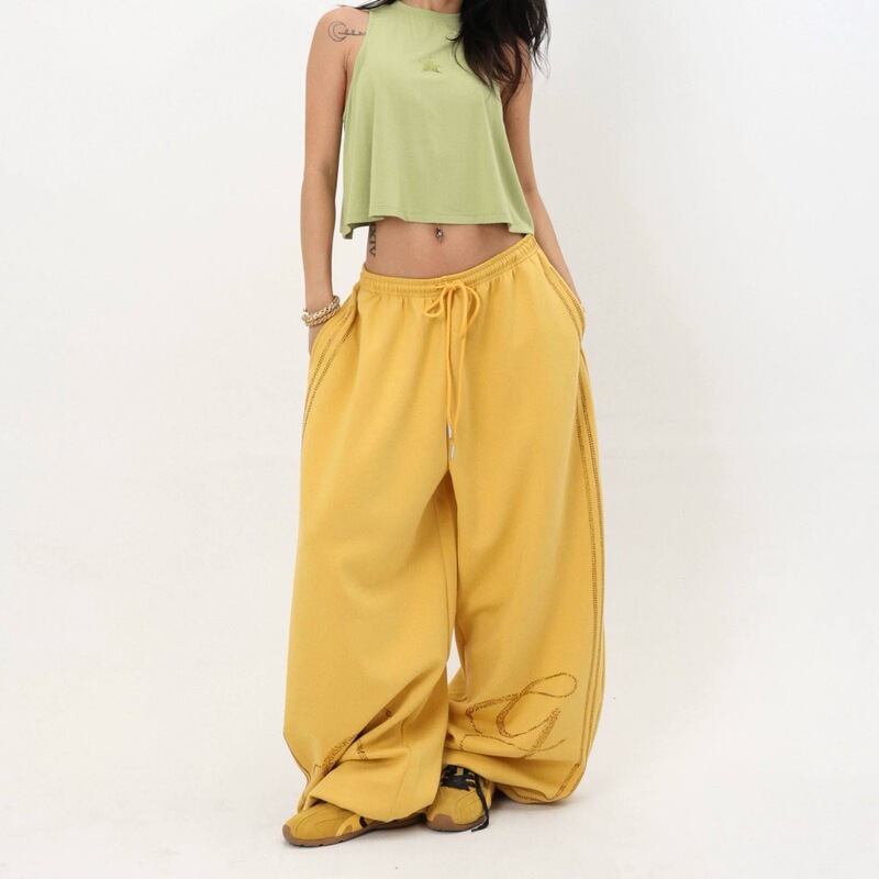 American Retro Rhinestone Jazz Style Loose Slimming Sports Pants for Men and Women, Dance Loose Drape Casual Long Pants