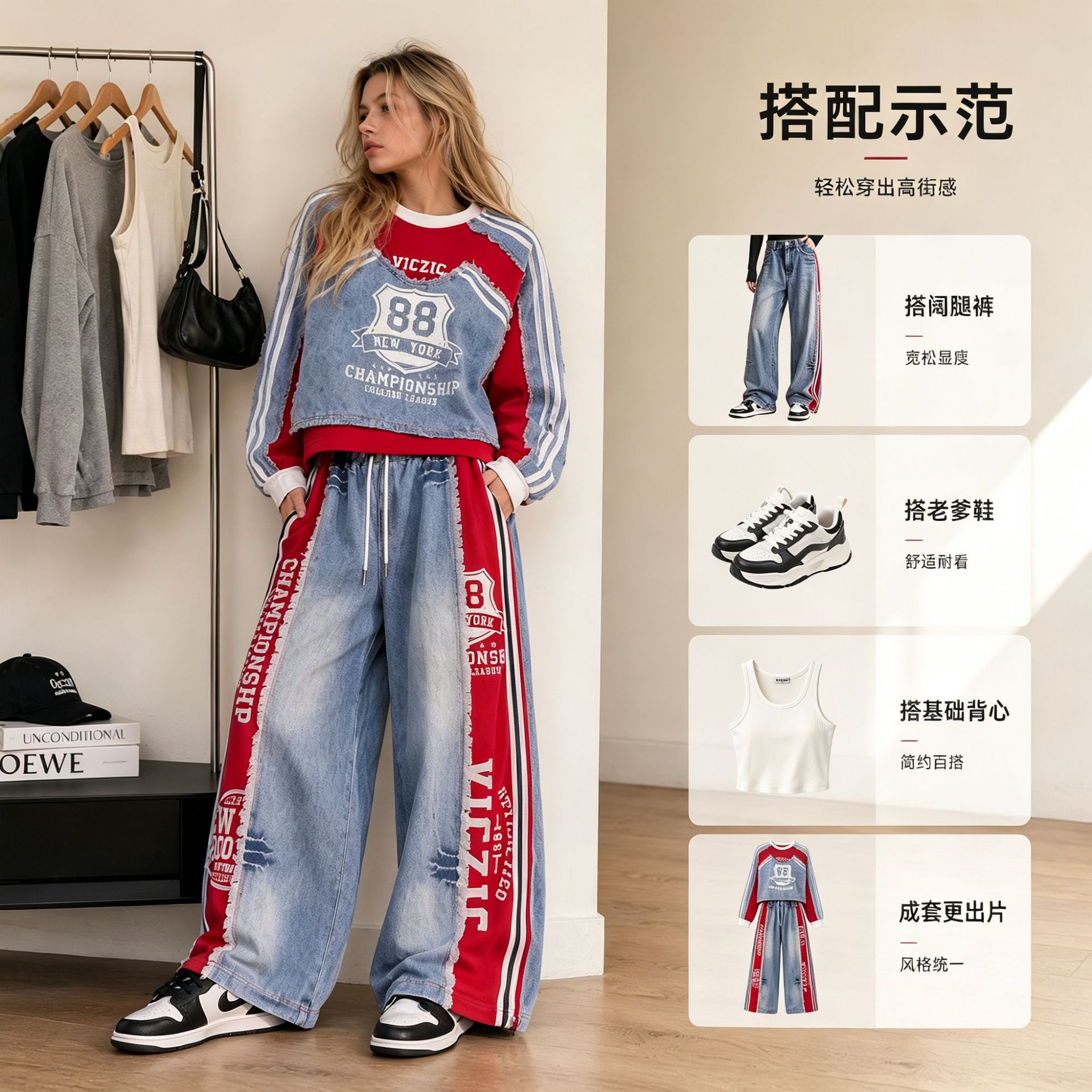 Conjunto de Mezclilla Retro para Mujer, Corte Holgado, Manga Larga