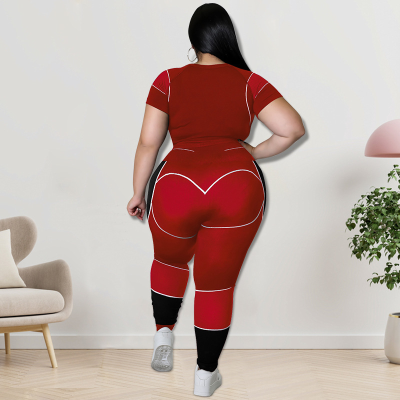 Plus Size Workout Sets For Women 3/4 Sleeve Crop Top And High Waist Yoga Pants, Color Block Sports Outfit, Sweet Style Athletic Wear_ecoleips.com