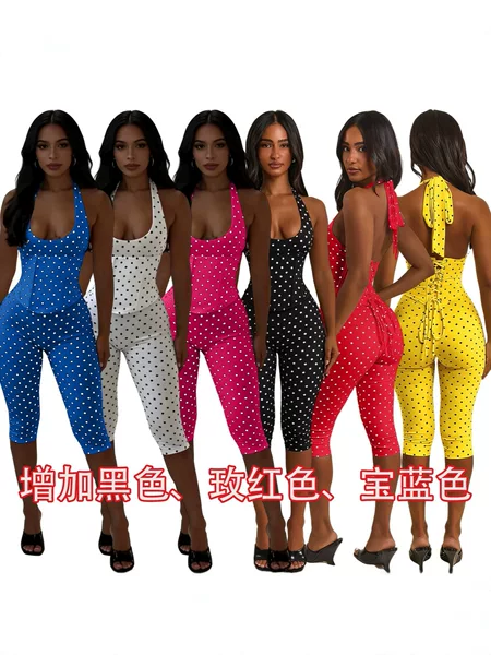 Tk6350 European and American Fashion Women's Halter Neck Polka Dot Fishbone Zipper Waist-Cinching Cropped Jumpsuit (Fake Two-Piece Set)