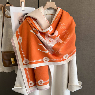 2025 New Fashion Carriage-Style Faux Cashmere Scarf for Women, Winter European and American Thickened Student Warm Neck Scarf, Orange Shawl
