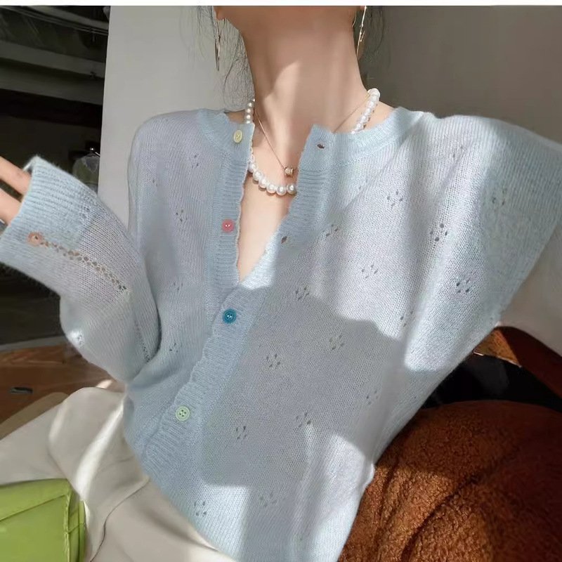 All Wool Hollow Short Lace Round Neck Color Buckle Thin Long Sleeve Knitted Cardigan Women's Coat