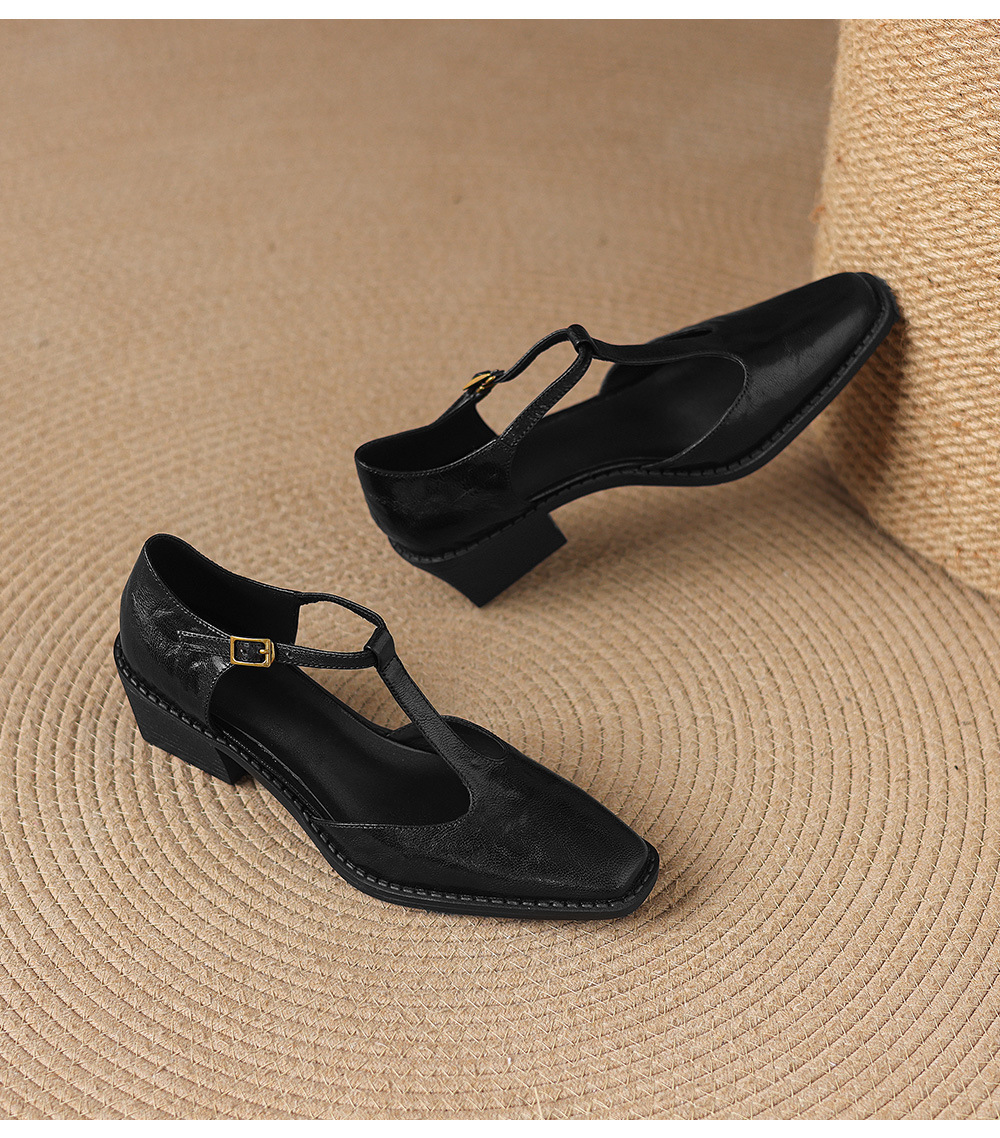 Sandal nữ quai ngang chữ T mũi nhọn gót vuông phong cách Anh retro — màu nâu chi tiết 21