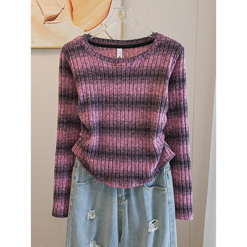 広州十三行高品質!女性用右肩Tシャツ、新しいスタイル、スリムフィット、ストライプ長袖ボトムシャツ、冬用トップス|undefined