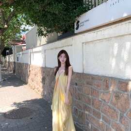 法式仙女气质海边度假长裙垂坠感黄色晕染印花v领吊带连衣裙女夏