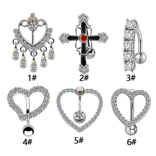 Gaby European and American love tassel cross zircon navel ring stainless steel inverted navel ring navel ornament navel nail