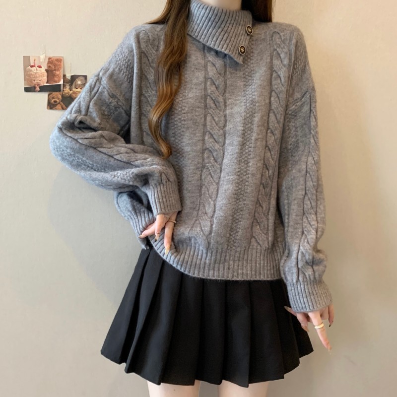 レイジースタイルグレーツイストタートルネックプルオーバーボトミングセーター女性のための秋と冬の厚みのあるデザインインナーボトミングシャツ|undefined