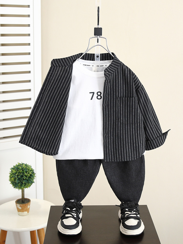 5842 Camisa de manga larga para niños Estilo de primavera y otoño 2024 Nuevo estilo Chaqueta de camisa a rayas de otoño para niños