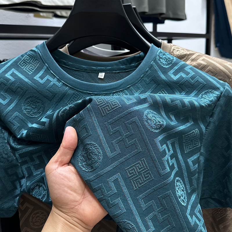 源メーカー丸首男性通気tシャツカジュアルアイス半袖ファッションジャカード薄い夏半袖上着|undefined
