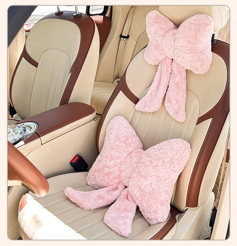 Plush Car Headrest and Lumbar Support with Cute Bow Ribbon, Car Neck Pillow, Lumbar Support Cushion, Car Seat Cushion