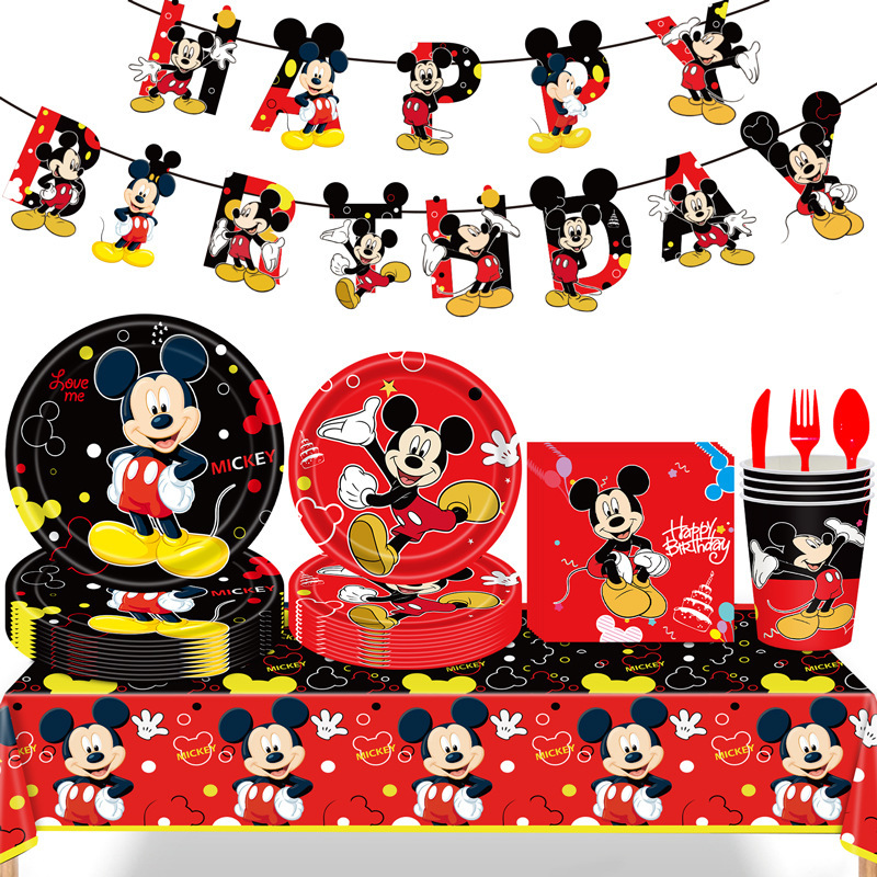 Mickey Mickey Mouse Theme Black and Red Birthday Party Tableware Tablecloth Paper Plate Tissue Balloon Banner Scene Decoration