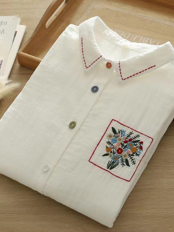 Multi-Pattern ~ Embroidered Double-Layer Cotton Gauze Long-Sleeved Shirt Women's Lapel Versatile Pure Cotton White Shirt Bottoming Shirt C60