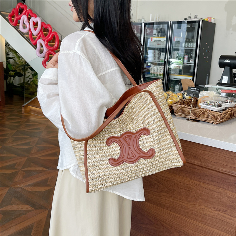 Cross-Border Trendy Chanel-Style Woven Tote Bag, Large Capacity Basket Beach Bag, Color-Blocking Trendy Shoulder Underarm Bag